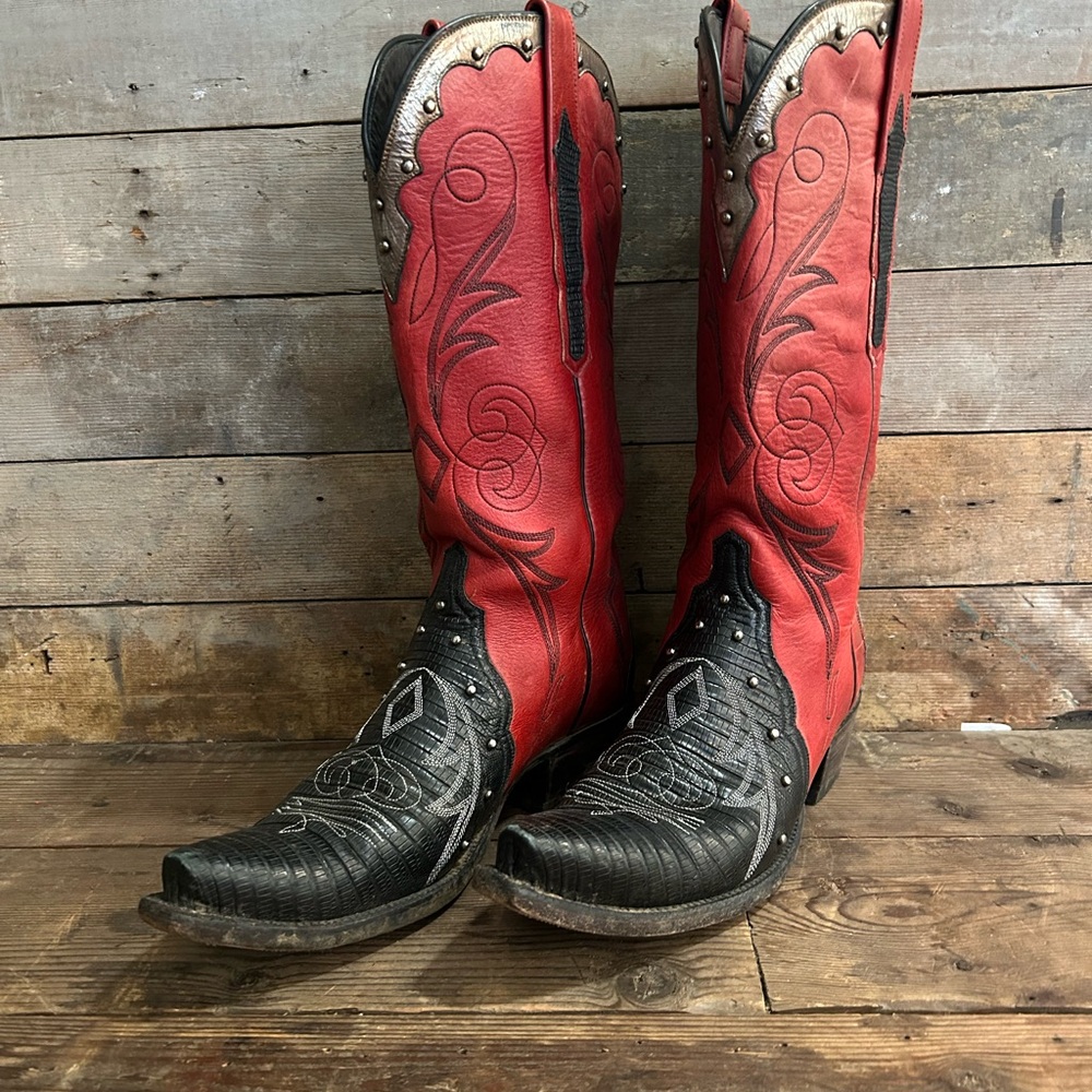 Lucchese Red and Black Leather Cowboy Boots